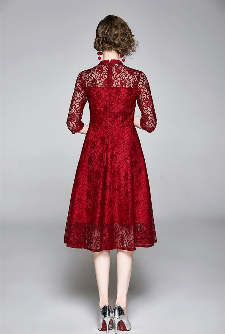 High Quality Red and Black Vintage Designer Elegant Lace Dress