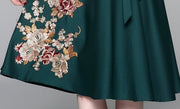 Vintage Designer High Quality V Neck Floral Embroidery Elegant Dress
