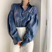 Lapel Buttons Legant Puff Sleeve Casual Blouse