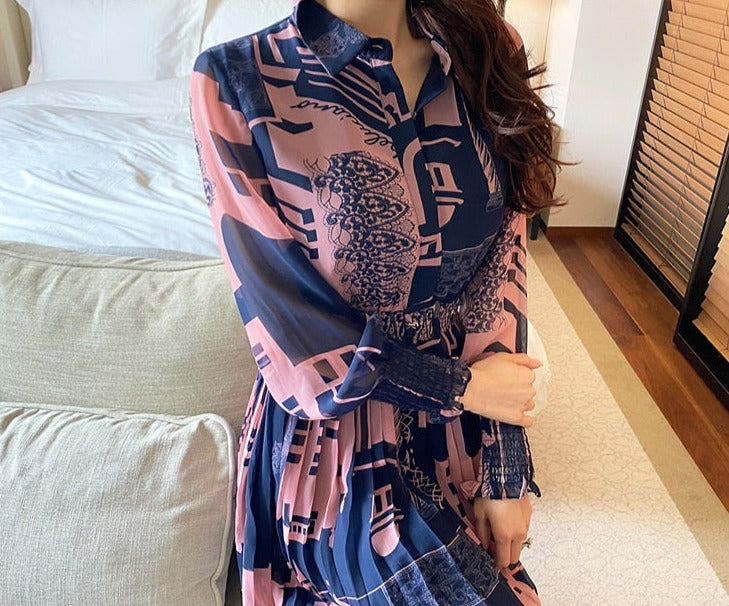High Quality Ankle-Length Pleated Vintage Print Elegant Maxi Dress