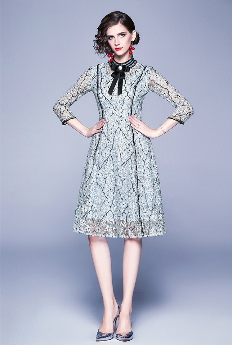 High Quality Vintage Bowknot Sleeves Lace Dress