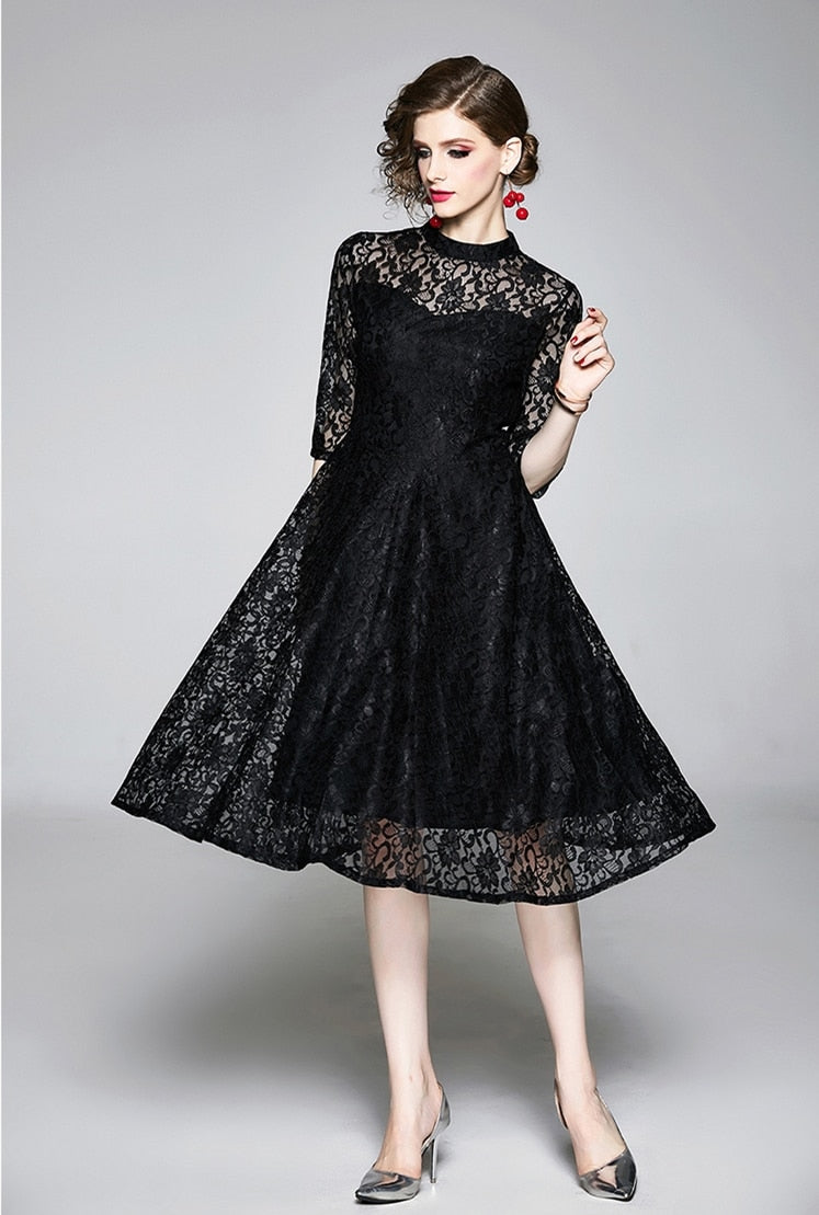 High Quality Red and Black Vintage Designer Elegant Lace Dress