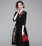 Vintage Designer High Quality V Neck Floral Embroidery Elegant Dress