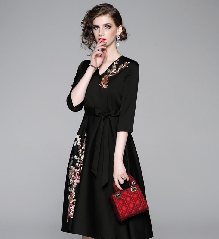 Vintage Designer High Quality V Neck Floral Embroidery Elegant Dress