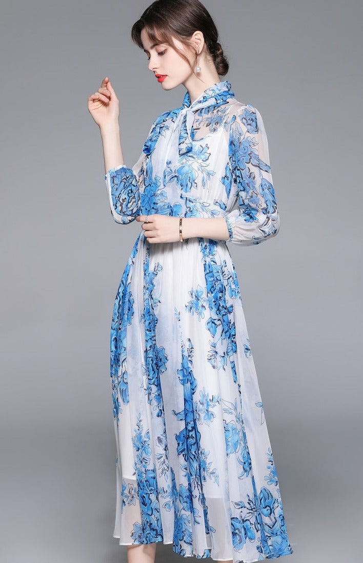 High Quality Vintage Designer A-Line Bows Long Elegant Blue Chiffon Dress