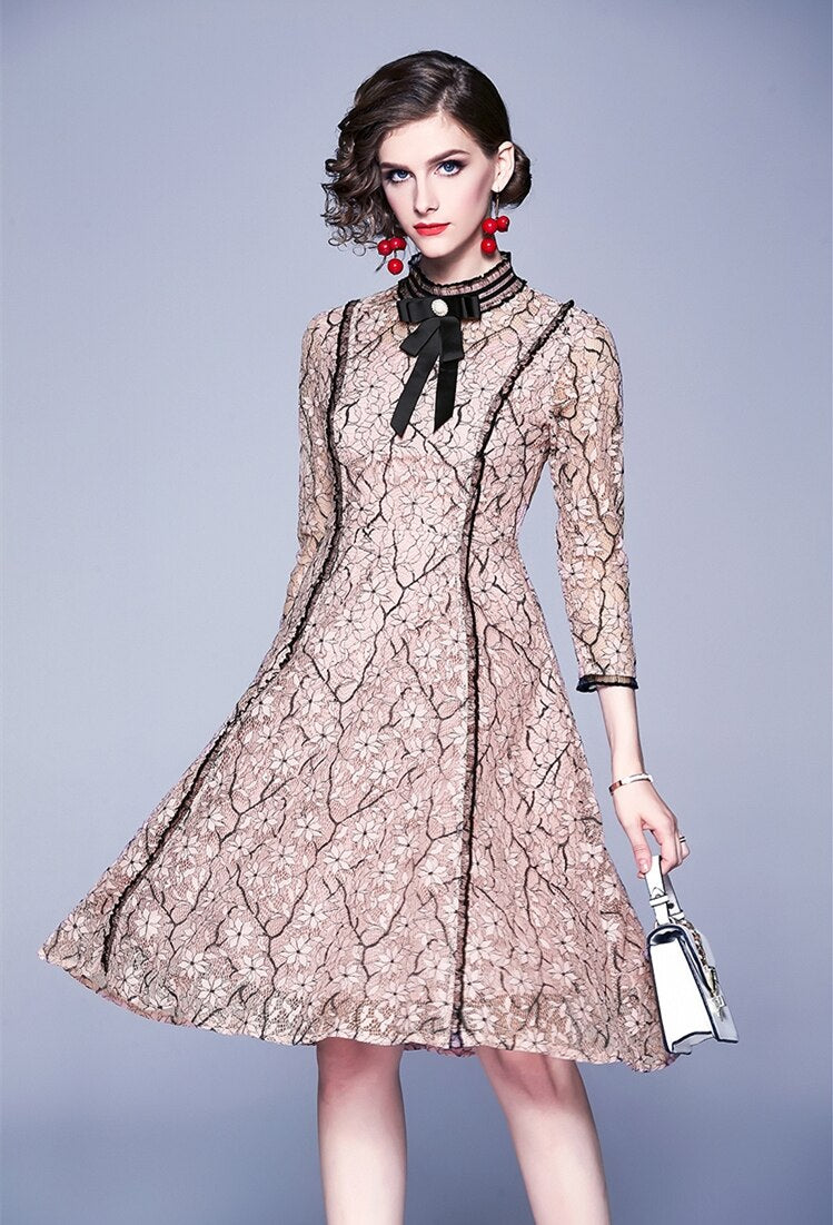 High Quality Vintage Bowknot Sleeves Lace Dress