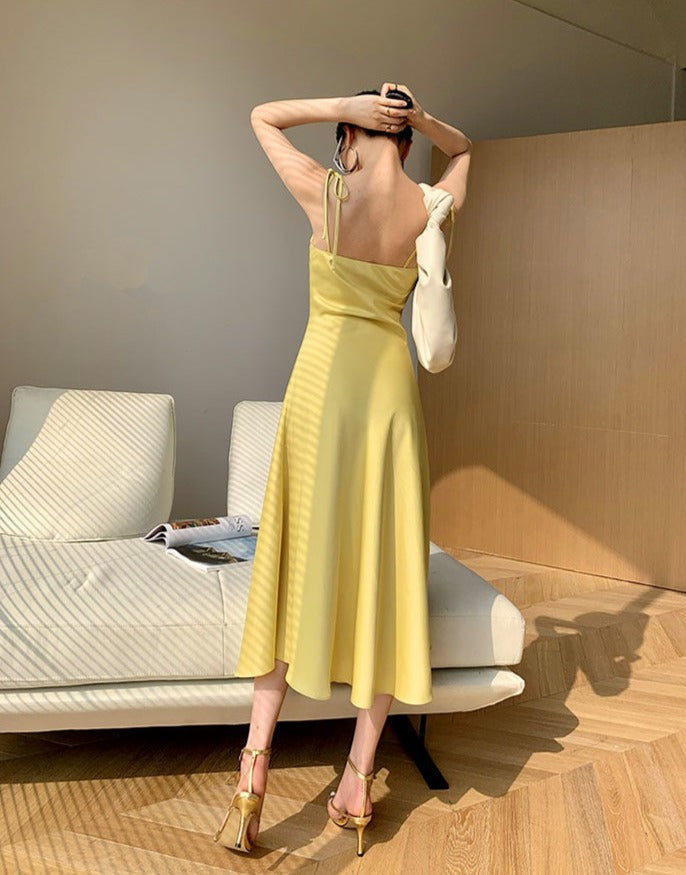 High Quality Square Neck Sleeveless Sexy Elegant Midi Dress