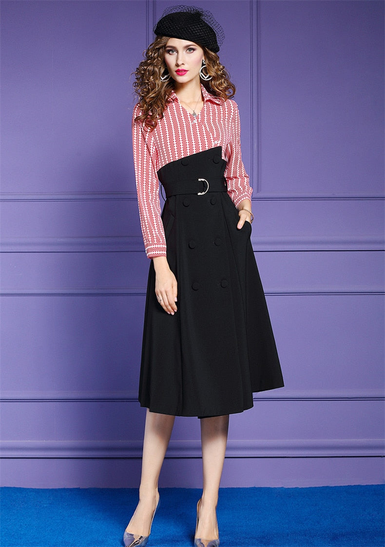 Vintage high quality belted striped long sleeve elegant dress