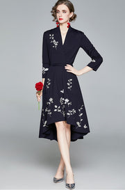High quality vintage style three quarter sleeve flower embroidery elegant dress