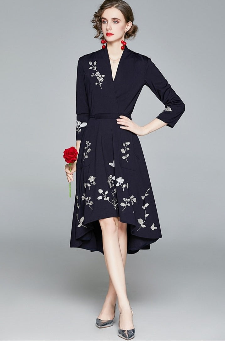High quality vintage style three quarter sleeve flower embroidery elegant dress
