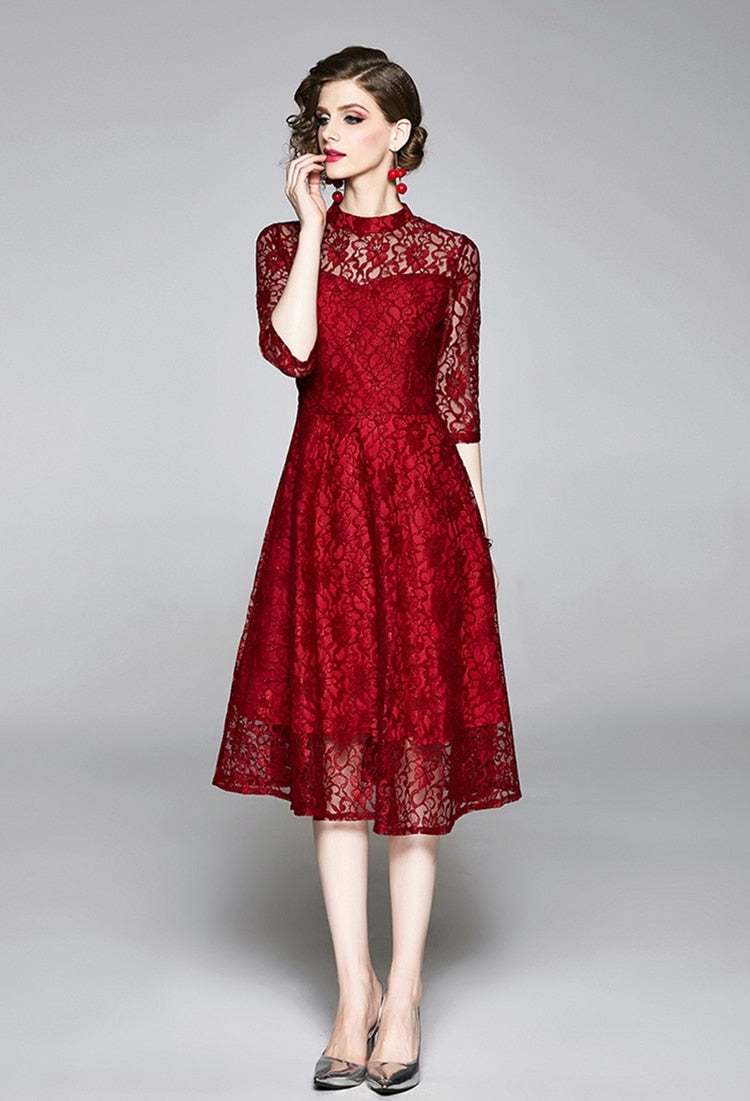 High Quality Red and Black Vintage Designer Elegant Lace Dress