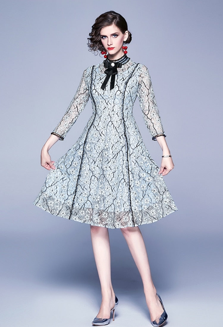 High Quality Vintage Bowknot Sleeves Lace Dress