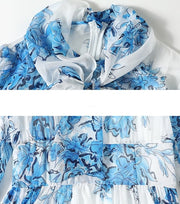 High Quality Vintage Designer A-Line Bows Long Elegant Blue Chiffon Dress