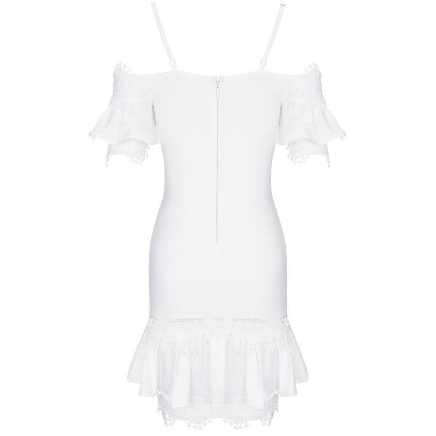 white bodycon bandage dress on spaghetti straps and lace
