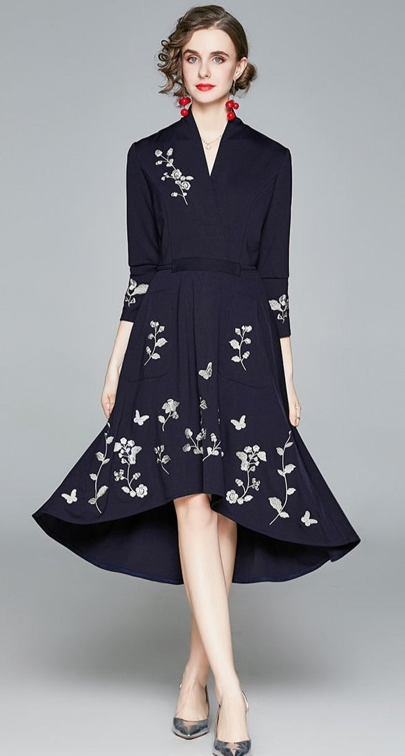High quality vintage style three quarter sleeve flower embroidery elegant dress
