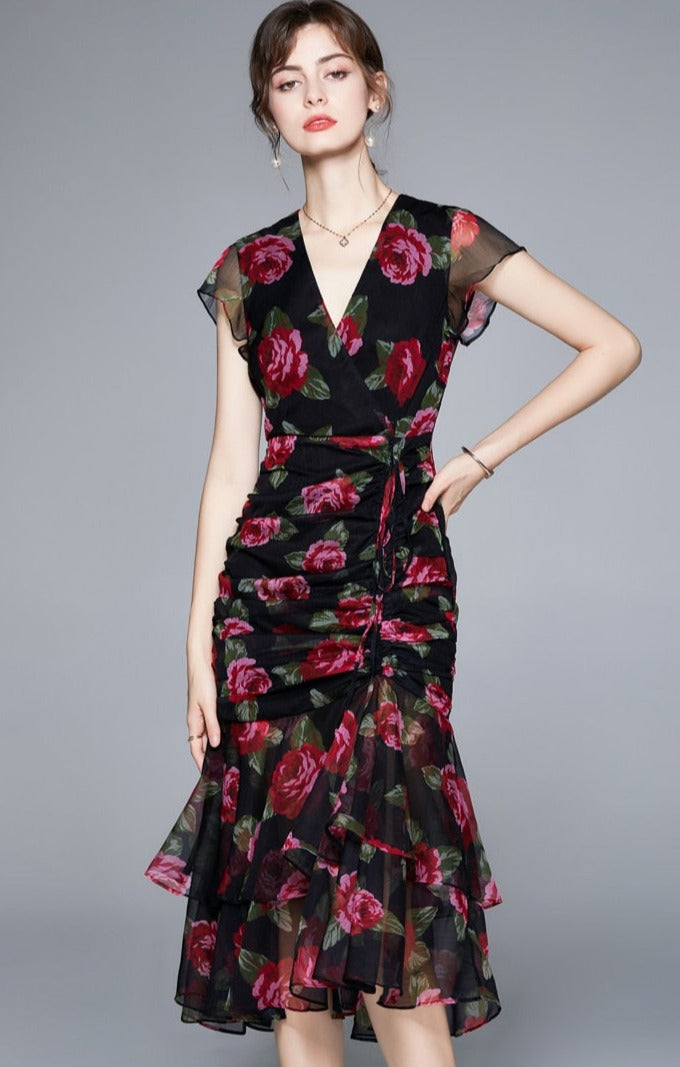 High Quality Vintage Designer V Neck Elegant Floral Dress