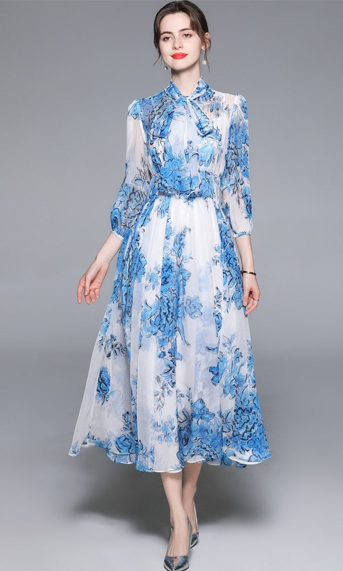 High Quality Vintage Designer A-Line Bows Long Elegant Blue Chiffon Dress