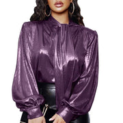 Casual Sleeves Shiny Solid Loose Tunic Blouse