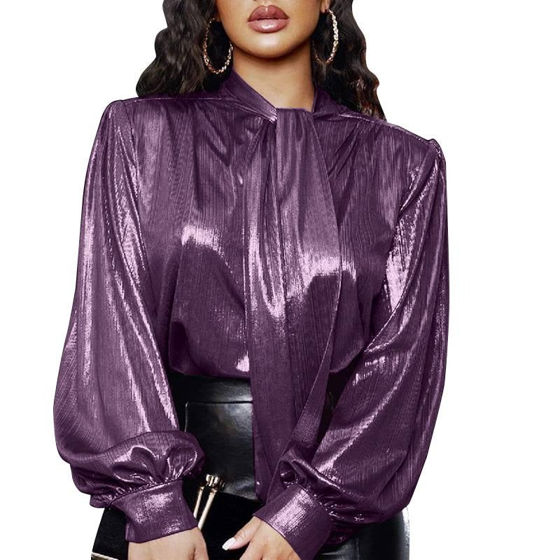 Casual Sleeves Shiny Solid Loose Tunic Blouse