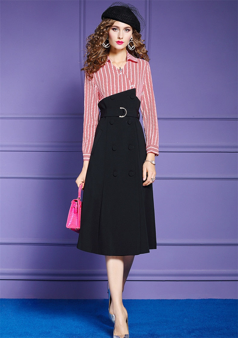 Vintage high quality belted striped long sleeve elegant dress