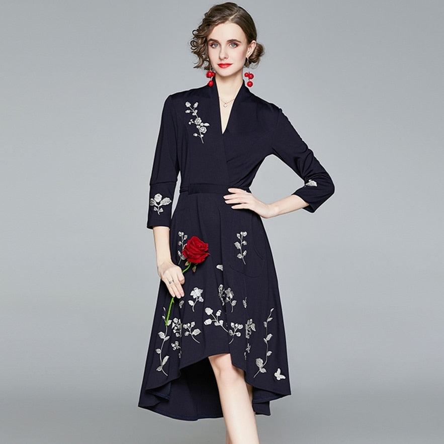 High quality vintage style three quarter sleeve flower embroidery elegant dress