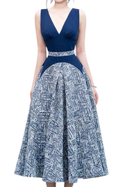 High Quality Sleeveless V Neck Elegant Blue Dress