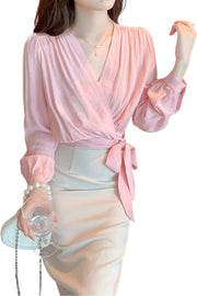 High Quality Long Sleeves V Neck Loose Elegant Vintage Pink Blouses