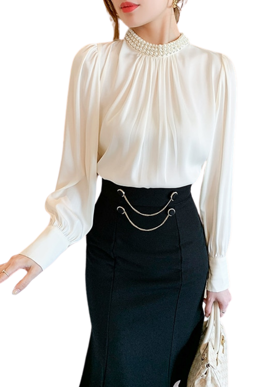 High Quality Elegant Vintage Loose Beaded Long Sleeve Chiffon Blouse