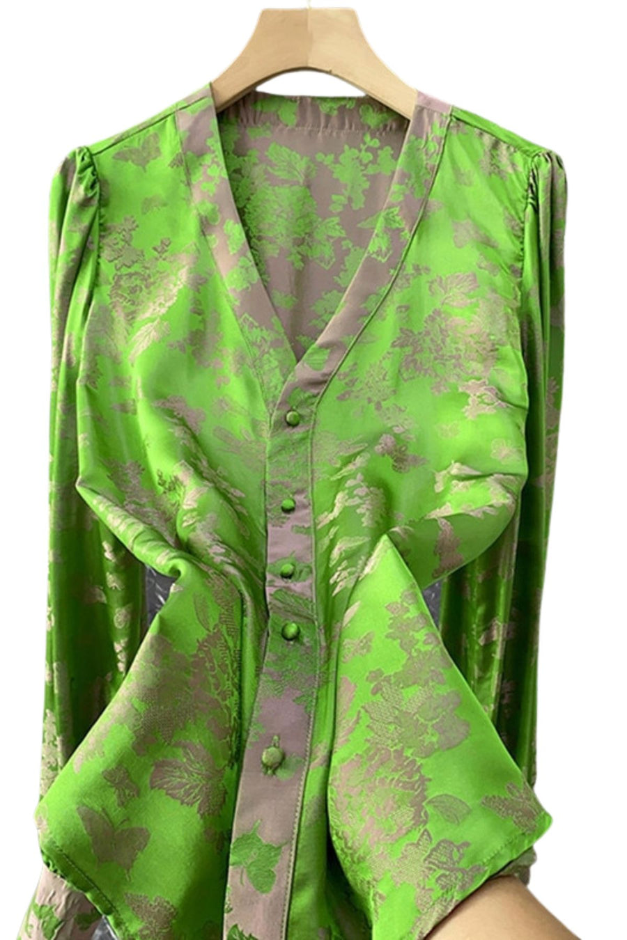 High Quality Long Sleeve V Neck Jacquard Silk Shirt