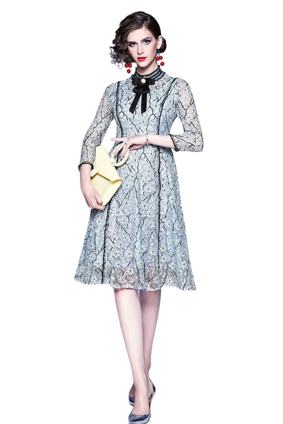 High Quality Vintage Bowknot Sleeves Lace Dress