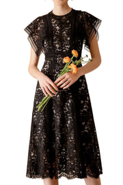 High Quality Hollow Out Midi Elegant Vintage Lace Black Dress