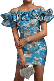 Jacquard Ruffles Off Shoulder Elegant Bodycon Sexy Mini Dress