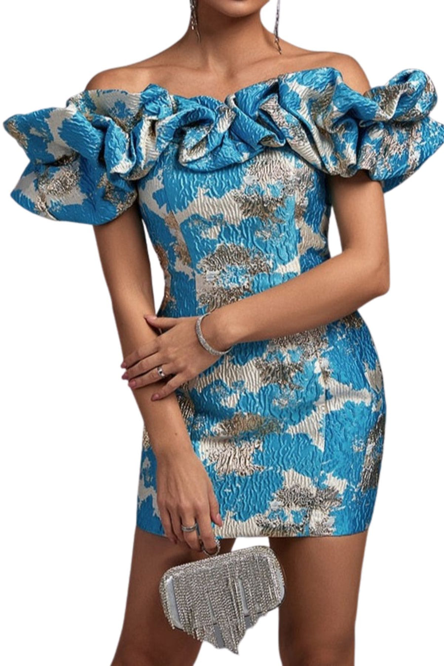 Jacquard Ruffles Off Shoulder Elegant Bodycon Sexy Mini Dress