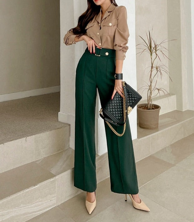 High Quality 2 Pieces Suits Elegant Long Sleeve Shirts + High Waist Pants