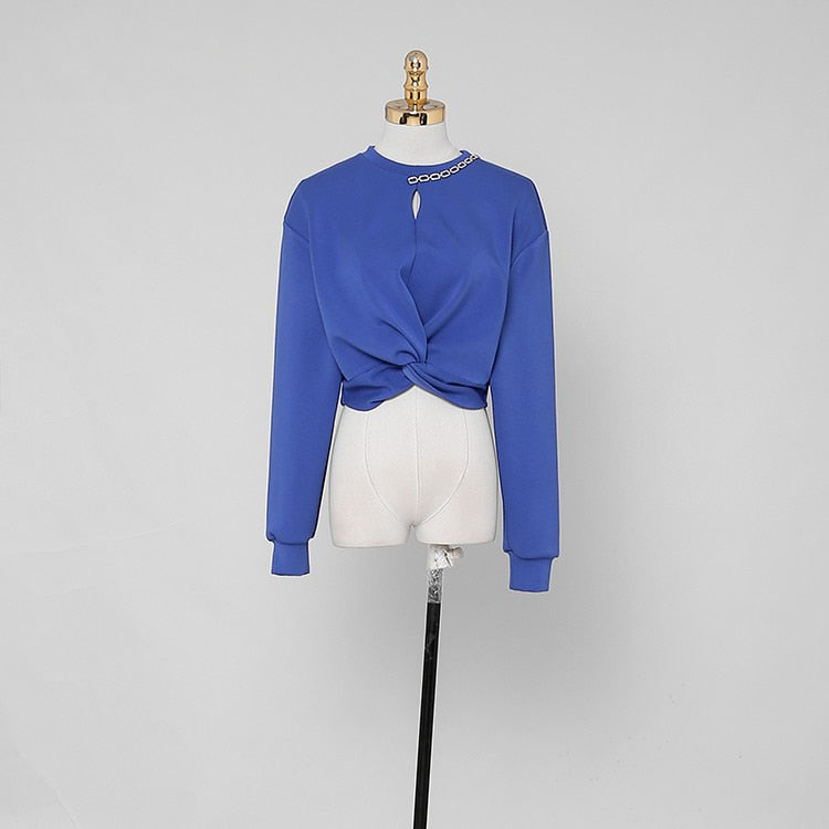 Woman 2 Pieces Set Knotted Loose Cropped Sweatshirt  + Vintage Split Pencil Skirt Korean Simple Skirt Suit