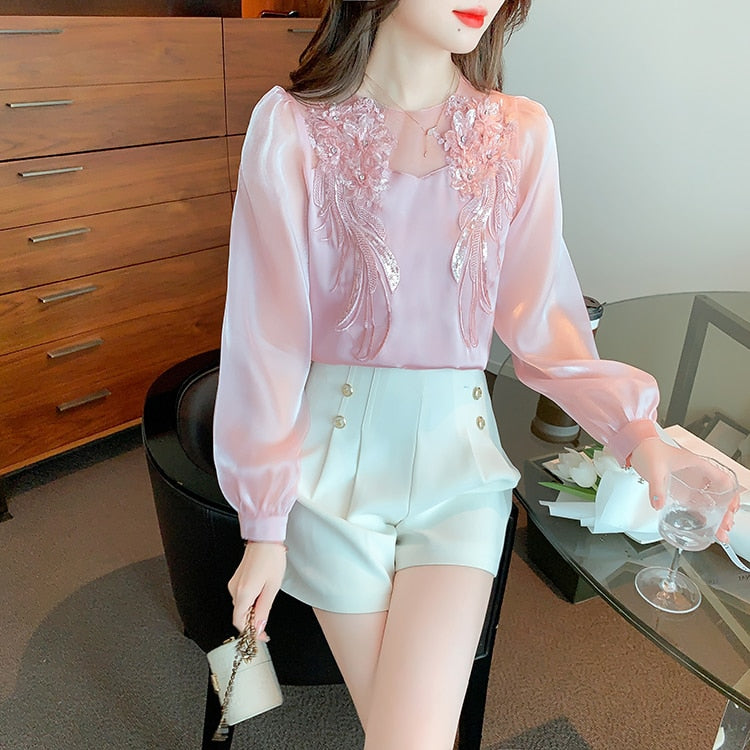High Quality Long Sleeves Elegant Vintage Embroidered Satin Blouses