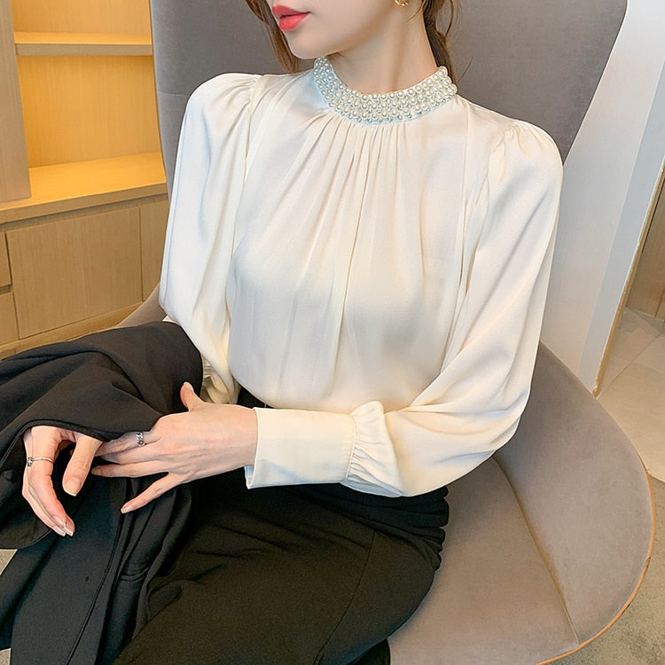 High Quality Elegant Vintage Loose Beaded Long Sleeve Chiffon Blouse