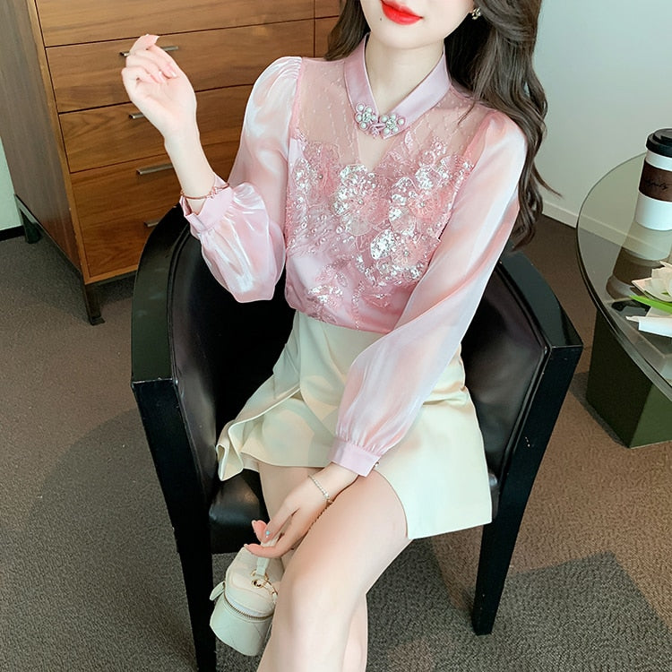 High quality loose beaded embroidery vintage elegant blouses