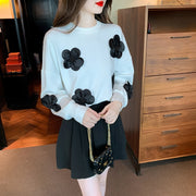 H Han Queen Womens Autumn Sweatshirt Three-Dimensional Flowers Vintage Work Casual Tops Korean Design Long Sleeve Loose T-Shirts