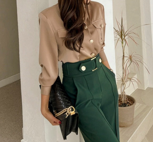 High Quality 2 Pieces Suits Elegant Long Sleeve Shirts + High Waist Pants