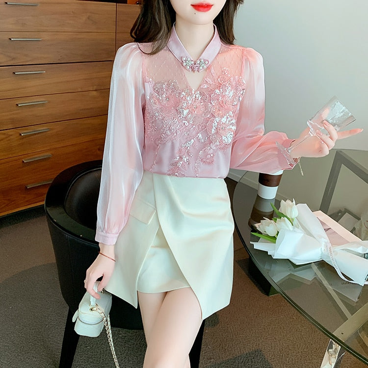High quality loose beaded embroidery vintage elegant blouses