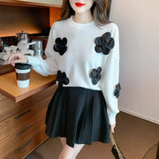 H Han Queen Womens Autumn Sweatshirt Three-Dimensional Flowers Vintage Work Casual Tops Korean Design Long Sleeve Loose T-Shirts