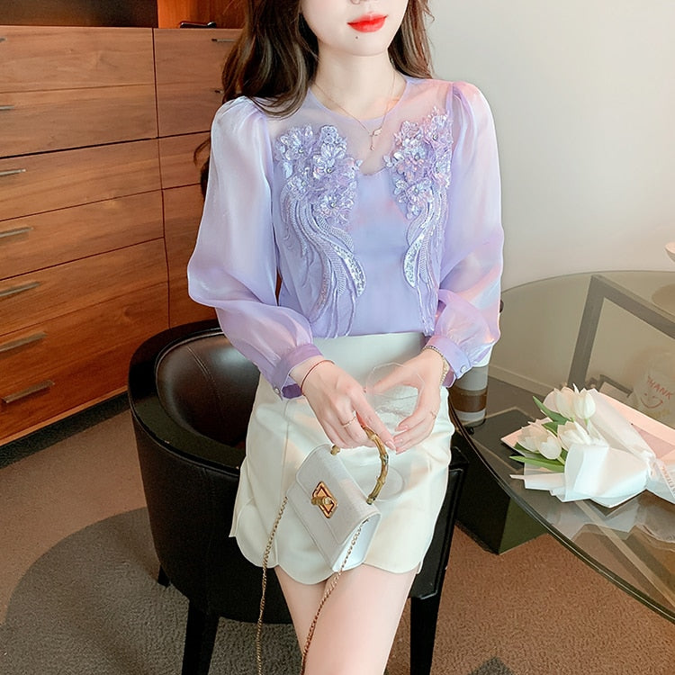 High Quality Long Sleeves Elegant Vintage Embroidered Satin Blouses