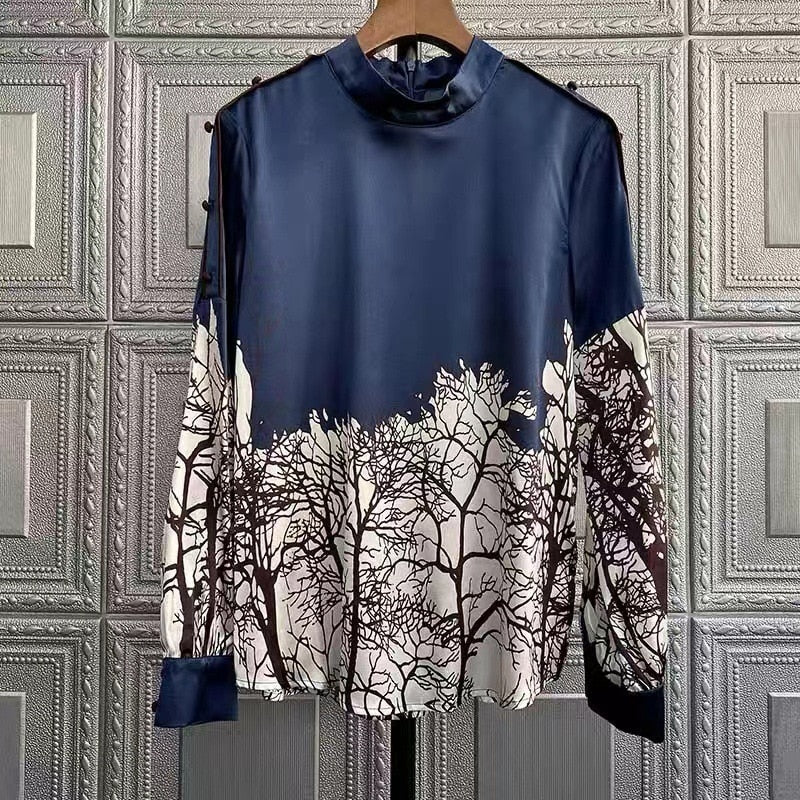 High Quality Stand Collar Long Sleeve Silk Shirt