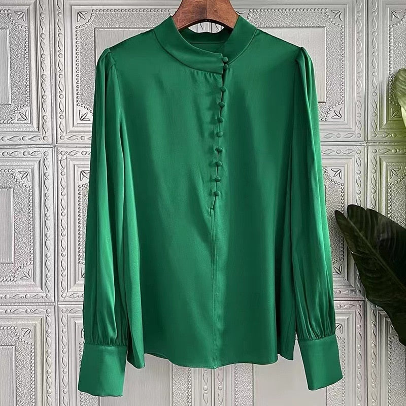 High Quality Stand Collar Long Sleeve Heavy Silk Shirt
