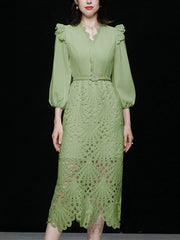 High Quality Slim Waist Three Quarter Sleeve V Neck Lace Elegant Dress
