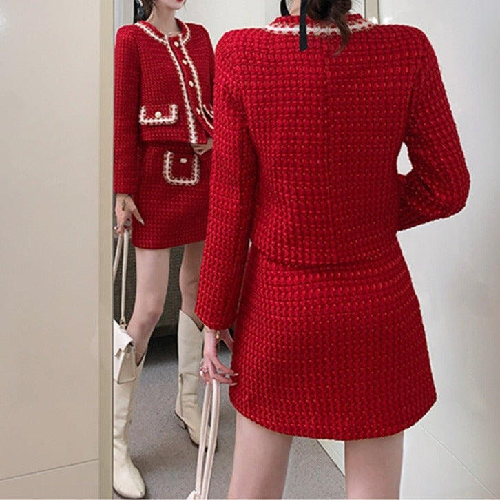 Autumn Winter Fashion Plaid Red Woolen Two Piece Set Women Pearls Single Breasted Fringed Tweed Jacket Coat + Pocket Mini Skirt
