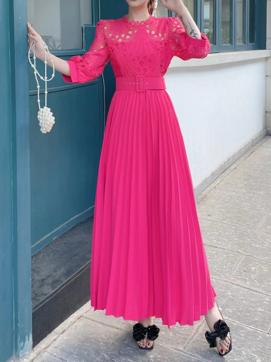 High quality vintage belted round neck half sleeve hollow out lace dress