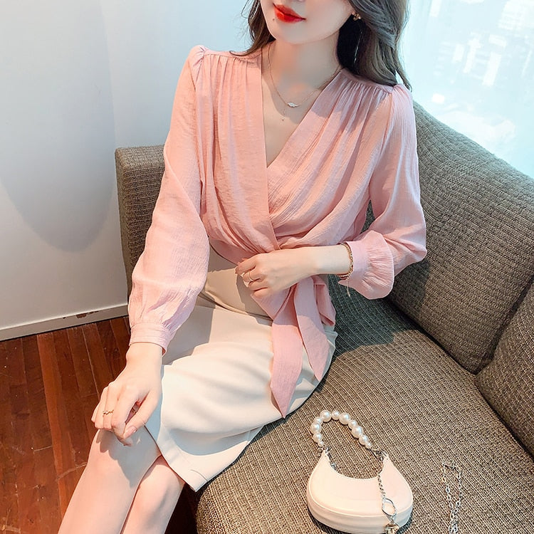 High Quality Long Sleeves V Neck Loose Elegant Vintage Pink Blouses