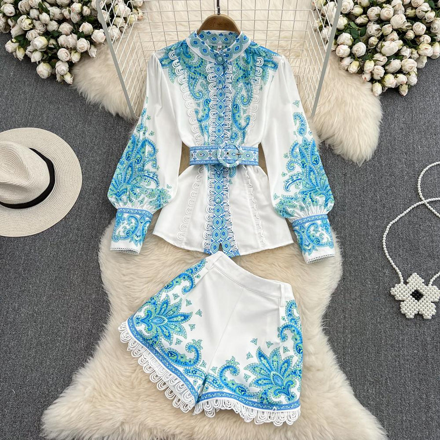 2 piece suit top with high neck, puff sleeve, vintage print blouse and shorts with belt pocket high quality